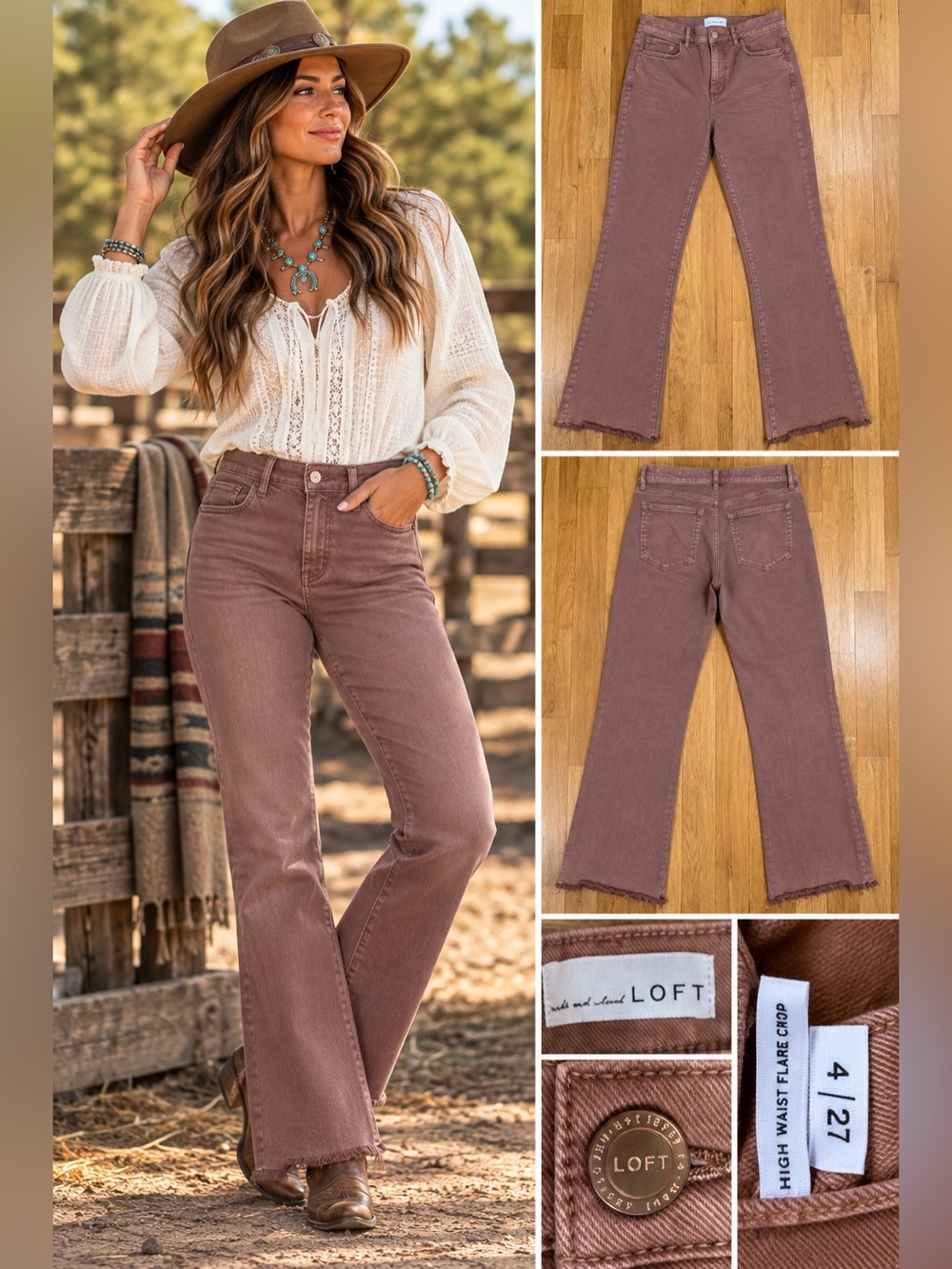 LOFT High Waist Flare Crop Jeans Size 4/27 Brown Raw Frayed Hem